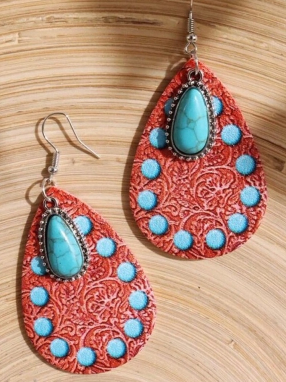 “Southwestern Teardrops” Turquoise Ornate Floral Blue Spotted Cowgirl Earrings